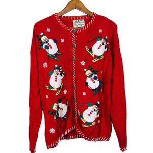 Vintage Christmas Sweater Heirloom Collectibles Snowman Cardigan Button Red - L